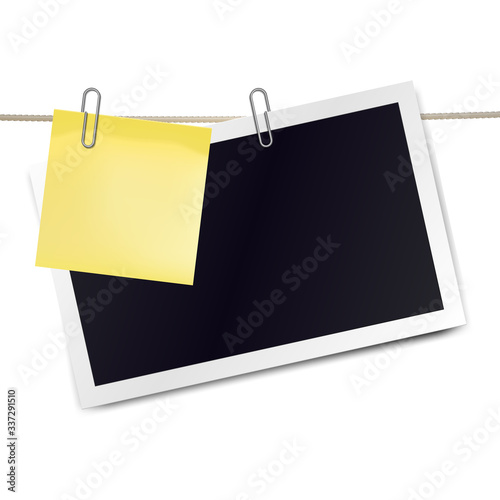 Yellow sticky note and photo frame attached metal paper clips on tapes. Template for design. Vector illustration.