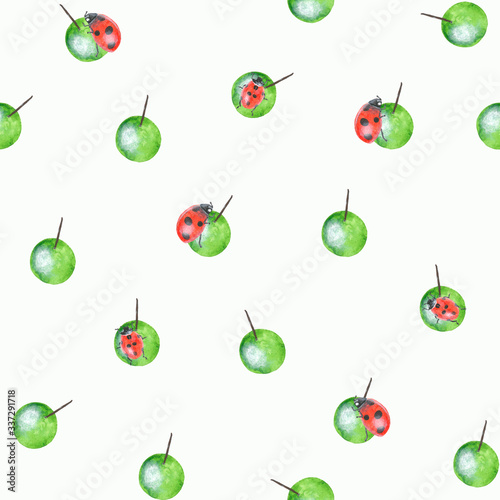 Green watercolor berries with ladybugs on white background  juicy seamless pattern  tender textile print  summer wallpaper design.