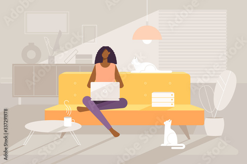 Afro American woman working on a laptop at home. Remote, comfortable workplace. Vector cartoon character - freelancer. Illustration in flat design.