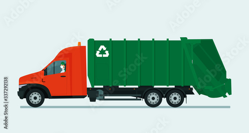 Garbage truck with driver in a medical mask. Vector flat style illustration.