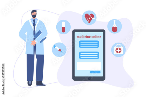 Online doctor consultation by phone. Internet medicine. Vector illustration of a phone and a doctor.
