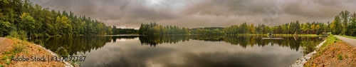 Fototapeta Naklejka Na Ścianę i Meble -  view on a pond from a dyke with forest and dark cloudy sky reflected on water surface