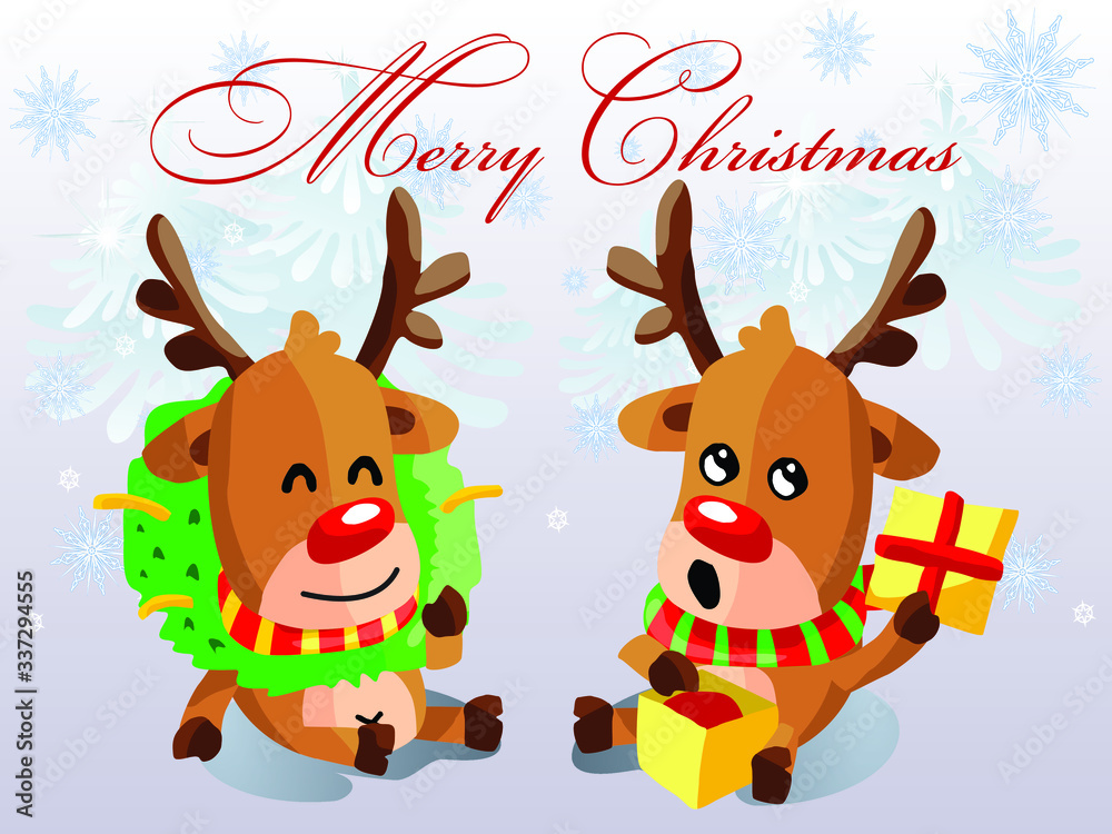 Merry Christmas typography with cute reindeers  - Vector format