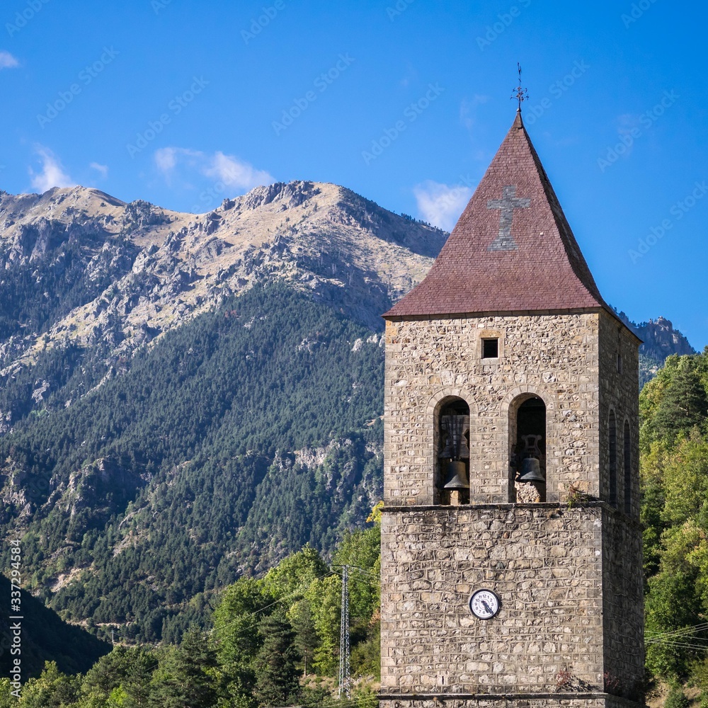 Church tower in Bielsa in the Spanish Pyrenees, Huesca, Aragon, Spain