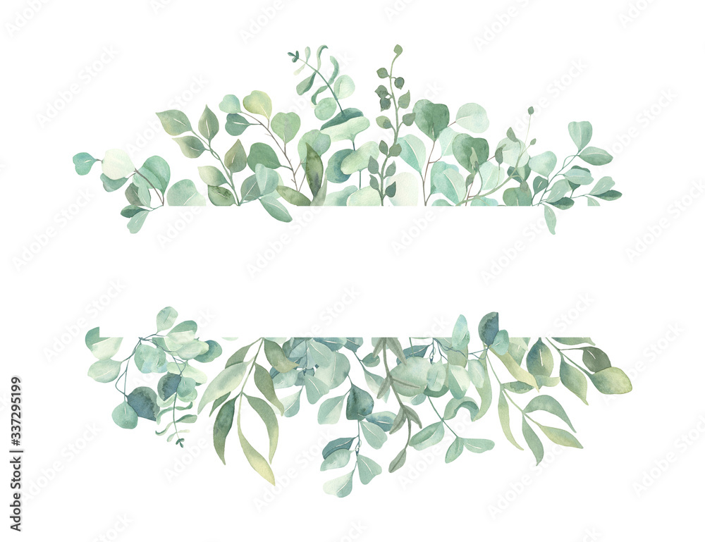 Watercolor hand painted leaves frame.Watercolor floral illustration with branches -  for wedding invite, stationary, greetings, wallpapers, background. - obrazy, fototapety, plakaty 