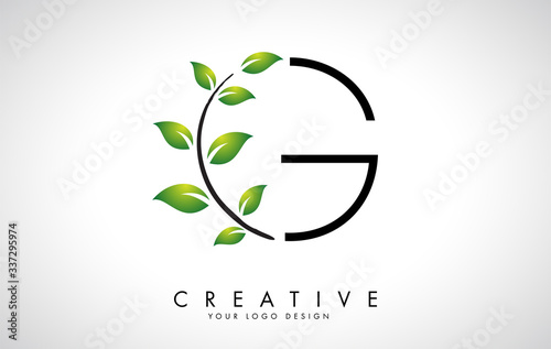 Leaf Letter G Logo Design with Green Leaves on a Branch. Letter G with nature concept.