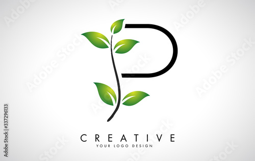Leaf Letter P Logo Design with Green Leaves on a Branch. Letter P with nature concept.