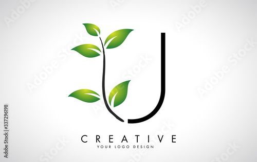 Leaf Letter U Logo Design with Green Leaves on a Branch. Letter U with nature concept.