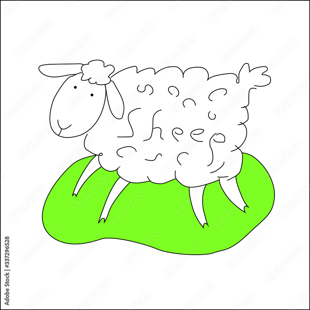 Fototapeta premium Vector stilized picture or icon of white happy sheep and green lawn on the white background