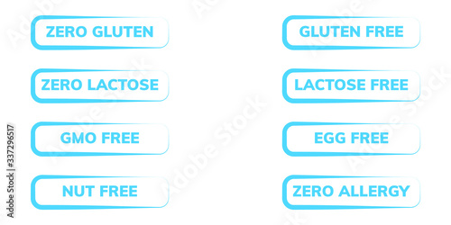 Set of healthy stickers for food without gluten, lactose, egg, nut and zero allergy button