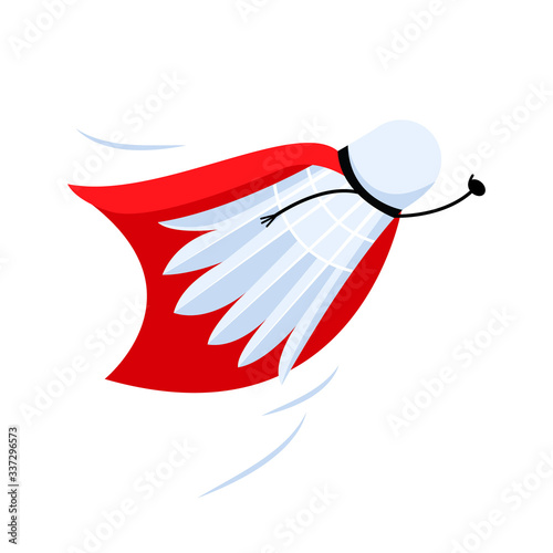 Shuttlecock fly. Flat cartoon illustration. Superman shuttlecock flies fast up.