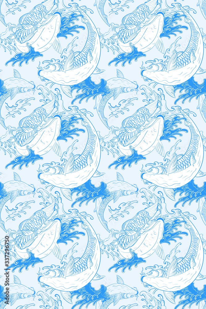 Koi carps Japanese light blue seamless pattern Koi carps Japanese light blue seamless pattern