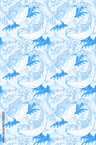 Koi carps Japanese light blue seamless pattern