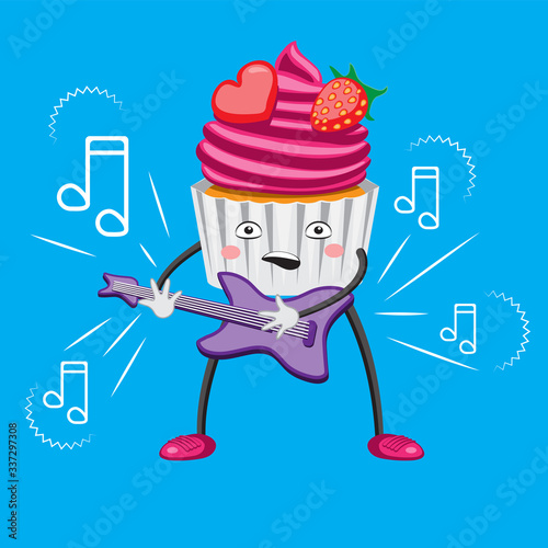 Character cake cartoon with guitar strawberry heart notes on an isolated background. Vector image