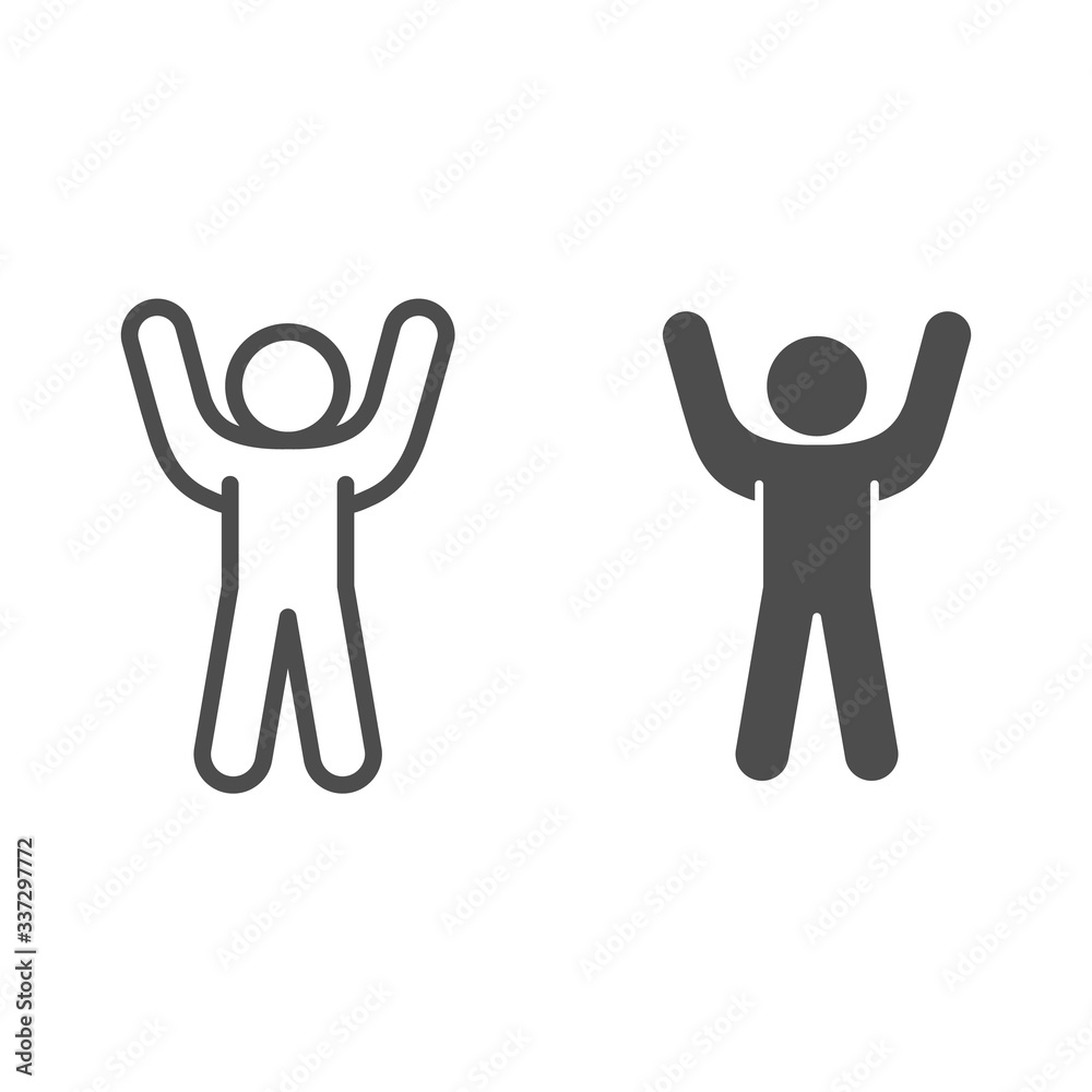 Stick figure cheering with his hand up line and solid icon. Man with arms up  outline