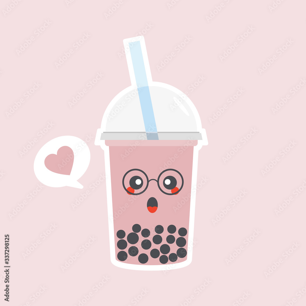 cute and kawaii Bubble tea. Milk tea with tapioca pearls. Boba tea. Asian Taiwanese drink. Hand drawn colored trendy vector illustration. Cartoon style. Flat design. All elements are isolated