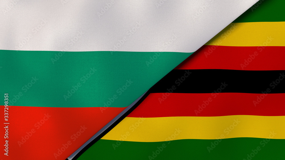 The flags of Bulgaria and Zimbabwe. News, reportage, business background. 3d illustration