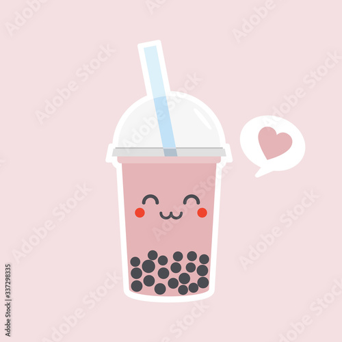 cute and kawaii Bubble tea. Milk tea with tapioca pearls. Boba tea. Asian Taiwanese drink. Hand drawn colored trendy vector illustration. Cartoon style. Flat design. All elements are isolated