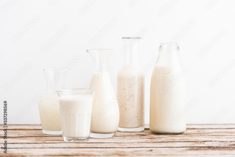 Selection of vegan plant based milks, Rice, Oat, Almond, Cashew Selection of vegan plant based milks, Rice, Oat, Almond, Cashew