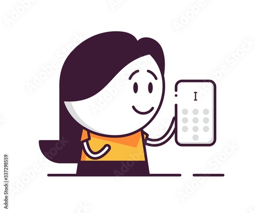 Cute female character dialing number on her smartphone. Girl phones somebody to have chat. Entering the code or password to activate the application. Add promocode to get discount.