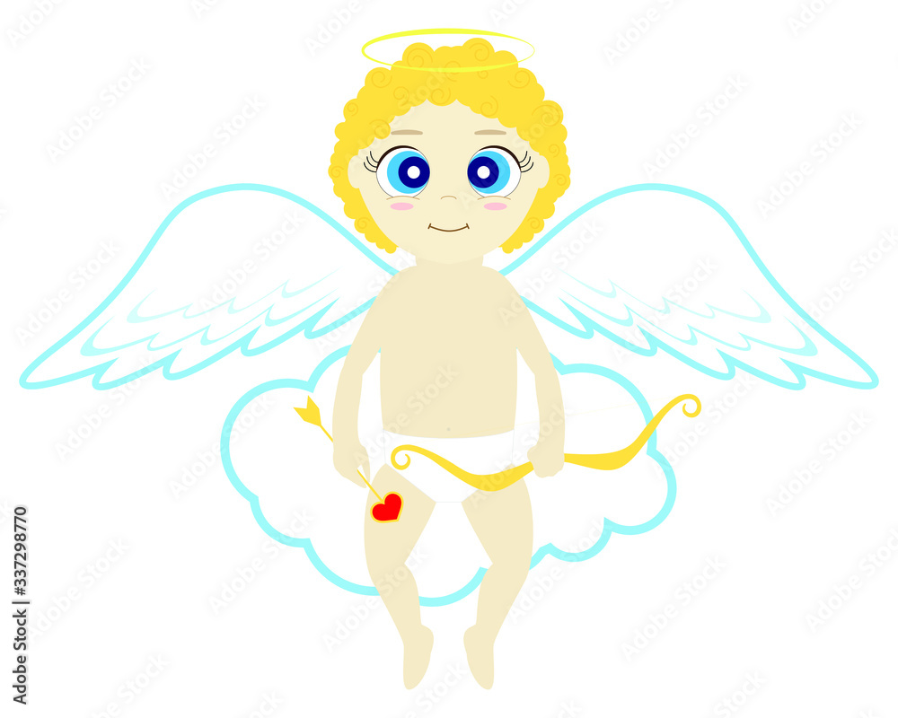 Cupid with bow and arrow sitting on cloud isolated on white background. Vector stock illustration Cupid with bow and arrow sitting on cloud isolated on white background. Vector stock illustration