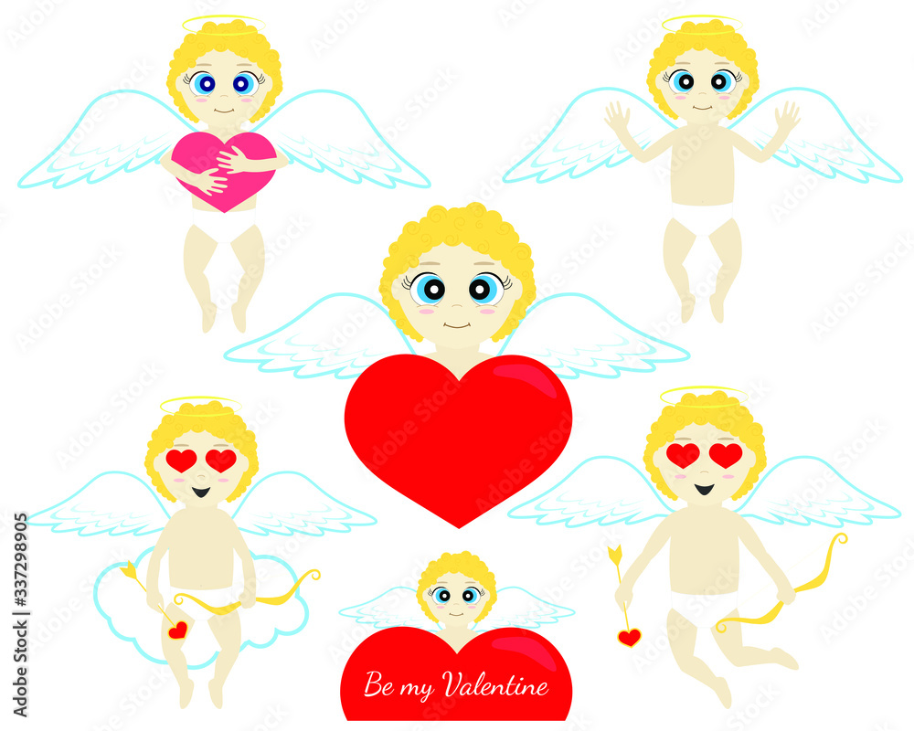 Set of Cupid in love isolated on white background. Cupid with bow and arrow flying, smiley face with heart-shaped eyes, cloud, big heart. Vector stock illustration. Valentine's day card. Set of Cupid in love isolated on white background. Cupid with bow and arrow flying, smiley face with heart-shaped eyes, cloud, big heart. Vector stock illustration. Valentine's day card.
