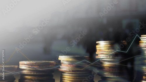 Double exposure of crowd of people in city , line graph , money coins for finance , economy concept background