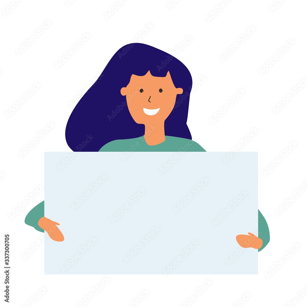 Beautiful young woman holding blank banner, promotion, advertising or peace protest concept. Vector illustration isolated on a white background Beautiful young woman holding blank banner, promotion, advertising or peace protest concept. Vector illustration isolated on a white background
