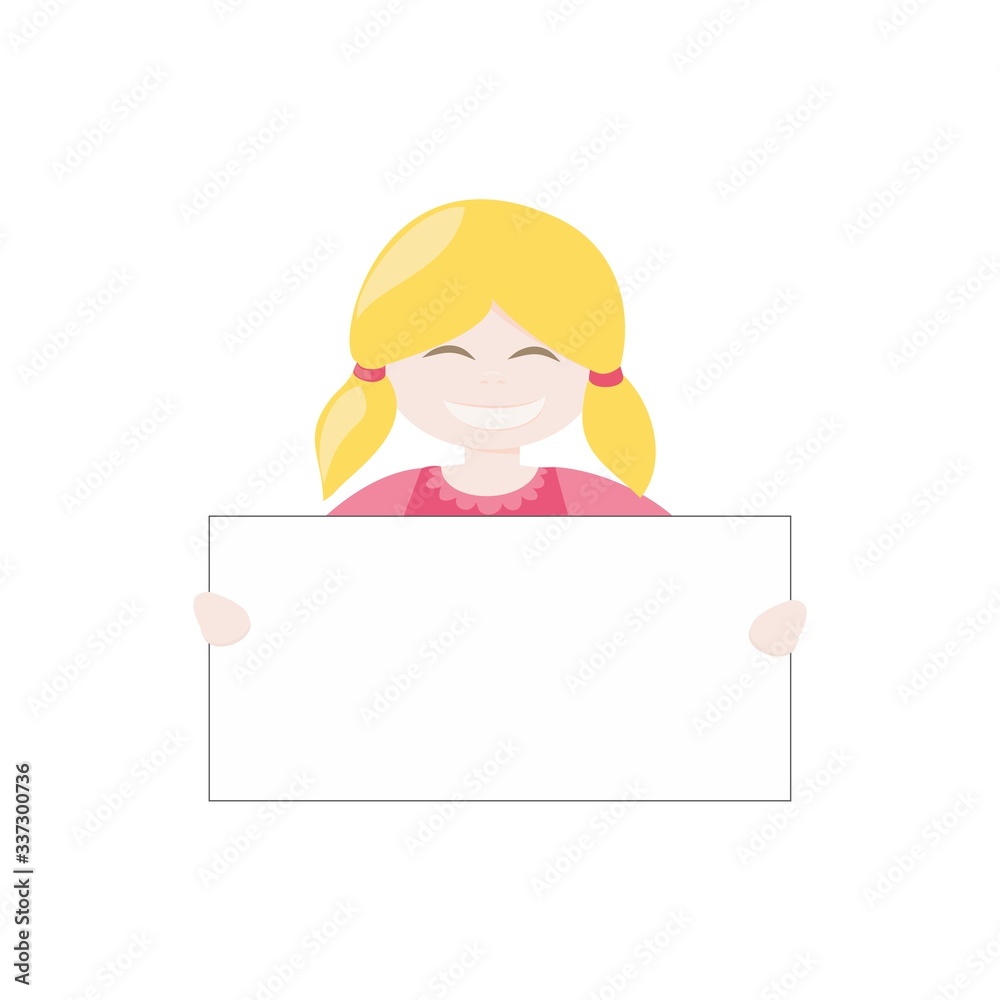 Blond hostess girl smiling, holding and showing big empty page add. Vector illustration isolated on white background. Happy kid with a banner Blond hostess girl smiling, holding and showing big empty page add. Vector illustration isolated on white background. Happy kid with a banner