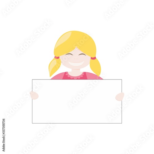Blond hostess girl smiling, holding and showing big empty page add. Vector illustration isolated on white background. Happy kid with a banner