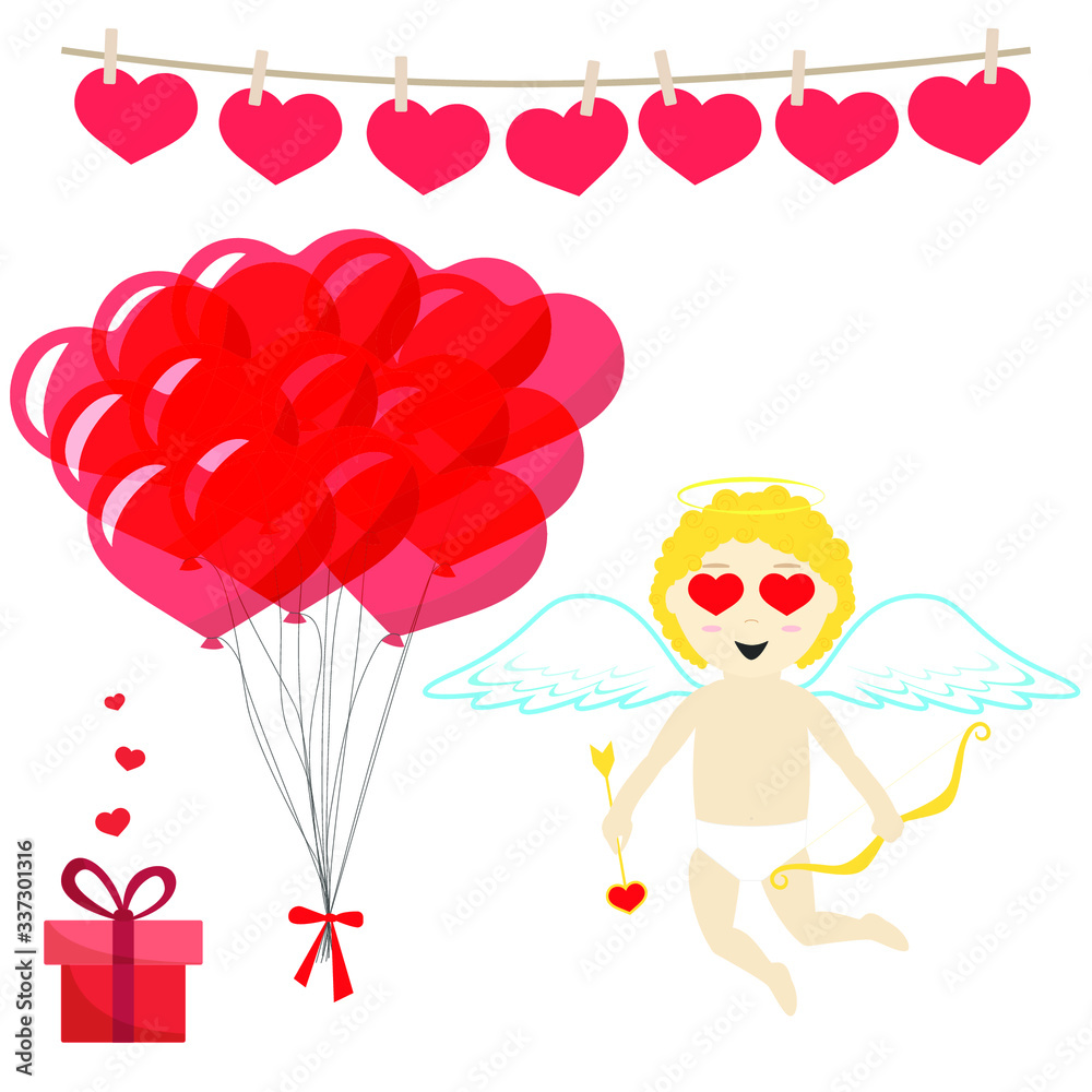 cupid with heart balloons, presen and bow cupid with heart balloons, presen and bow