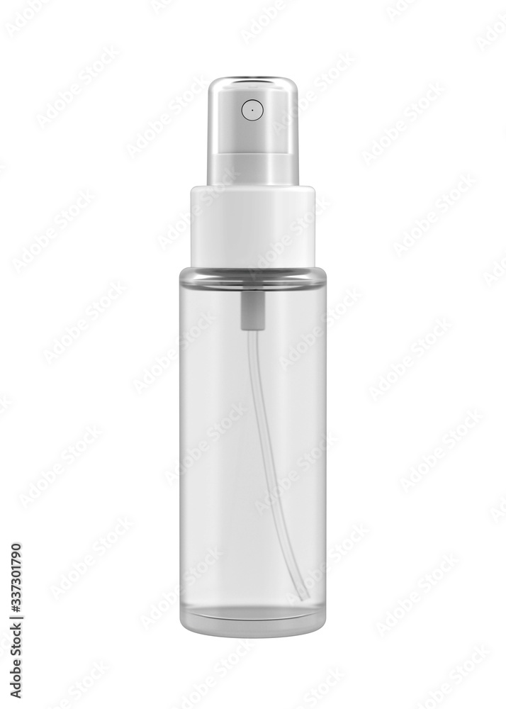 Transparent Bottle of Hand Sanitizer Spray, Skin Antiseptic, Antibacterial Fluid, Makeup Remover or Hair Spray Isolated on White Background. 3D Render. Transparent Bottle of Hand Sanitizer Spray, Skin Antiseptic, Antibacterial Fluid, Makeup Remover or Hair Spray Isolated on White Background. 3D Render.