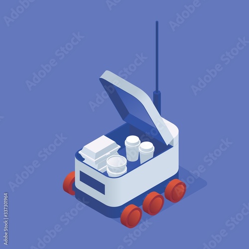 Food delivery robot with opened top cover. Isometric concept illustration with package fastfood and coffee.