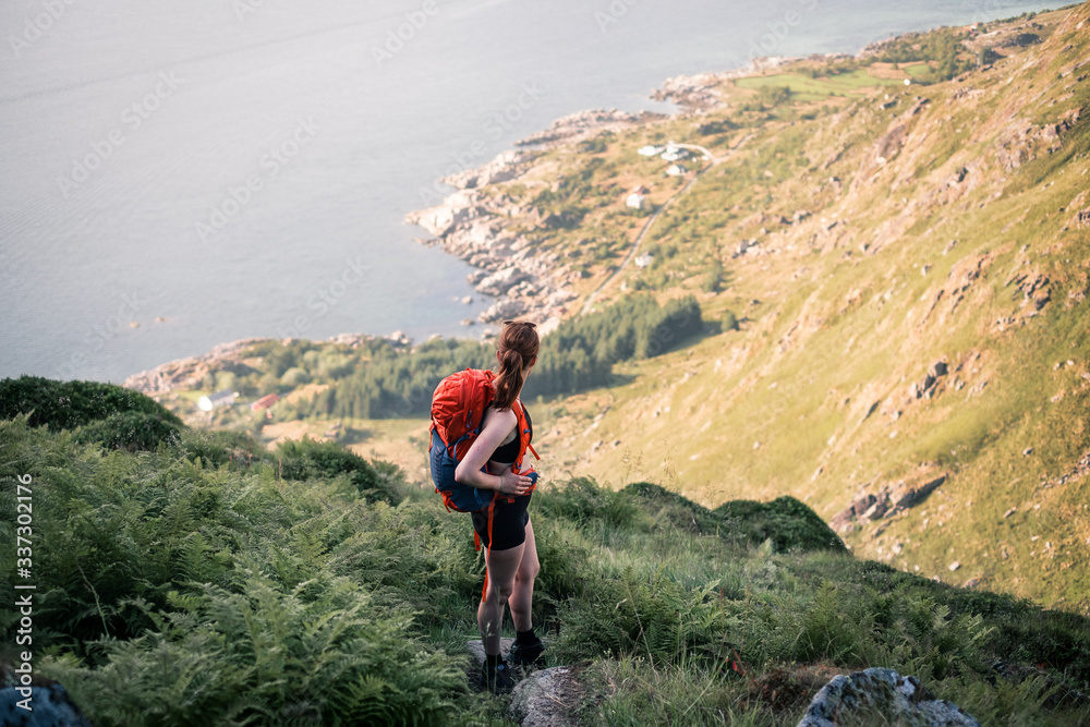 Fototapeta premium Sexy mountain girl with a backpack spotted on a hiking trip in northern Norway. Situated in beautiful summer landscape and vegetation of Lofoten Islands. Picture shows leisure outdoor activities. 
