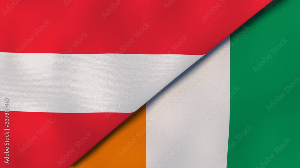 The flags of Austria and Ivory Coast. News, reportage, business background. 3d illustration