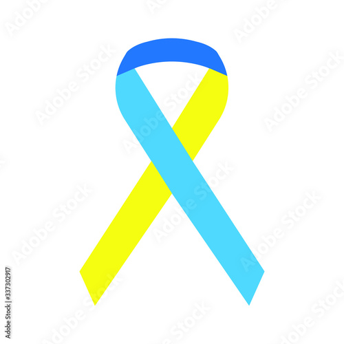 Blue yellow ribbon isolated on white background. Symbol of the problem of down syndrome. Vector stock illustration. 