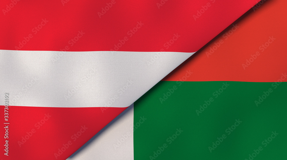 The flags of Austria and Madagascar. News, reportage, business background. 3d illustration
