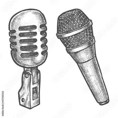 Microphone sketch vector, voice and sound karaoke