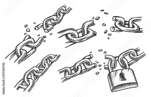 Broken chain links. Sketch of lock or padlock