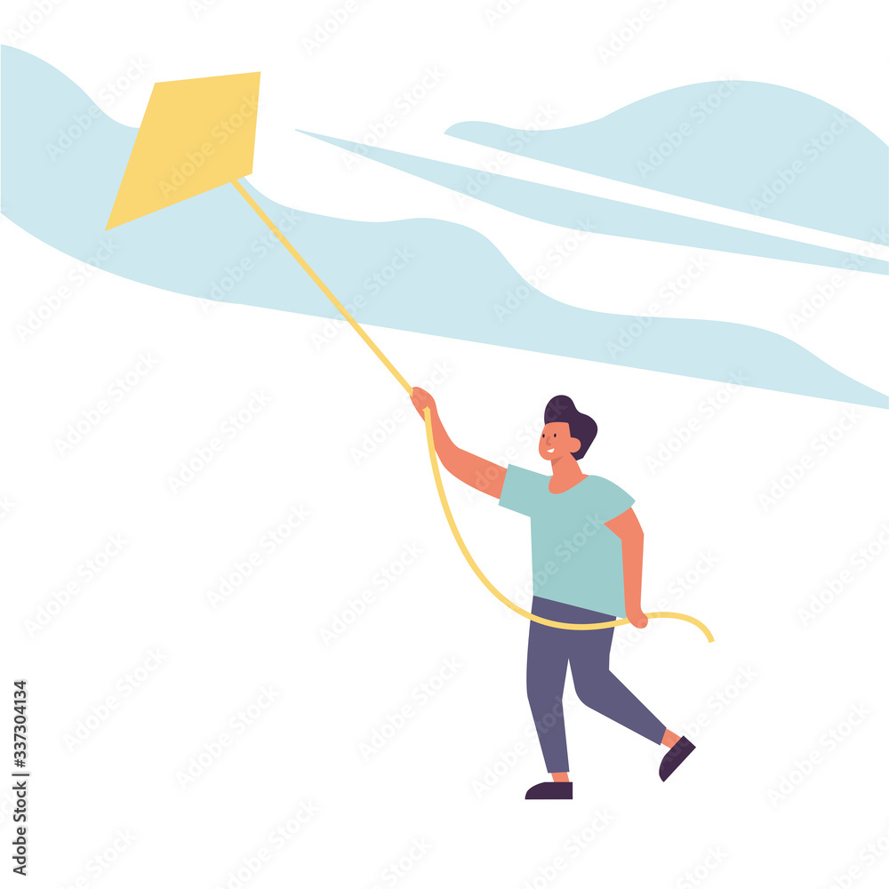 Vector illustration boy playing with kite. Kid enjoying and relaxing their time outdoors.