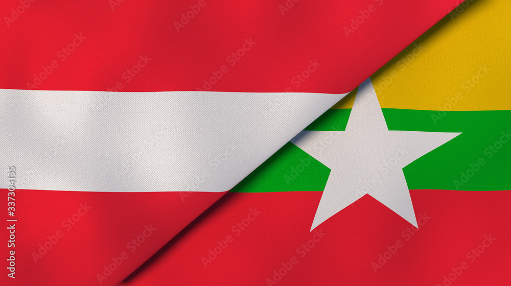 The flags of Austria and Myanmar. News, reportage, business background. 3d illustration