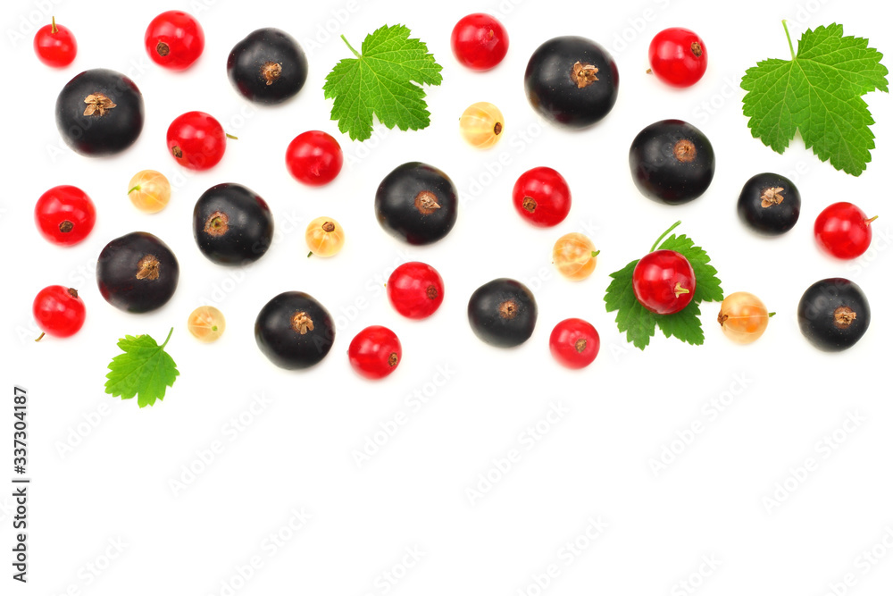 mix of red currant and black currant with green leaf isolated on a white background. healthy food. top view mix of red currant and black currant with green leaf isolated on a white background. healthy food. top view