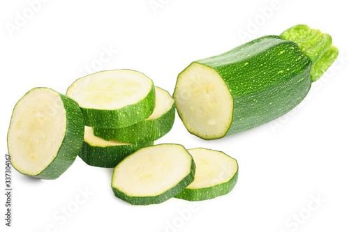 fresh green zucchini slices isolated on white background