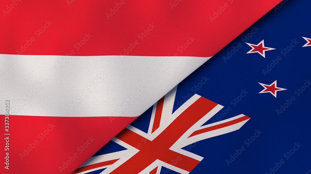 The flags of Austria and New Zealand. News, reportage, business background. 3d illustration The flags of Austria and New Zealand. News, reportage, business background. 3d illustration