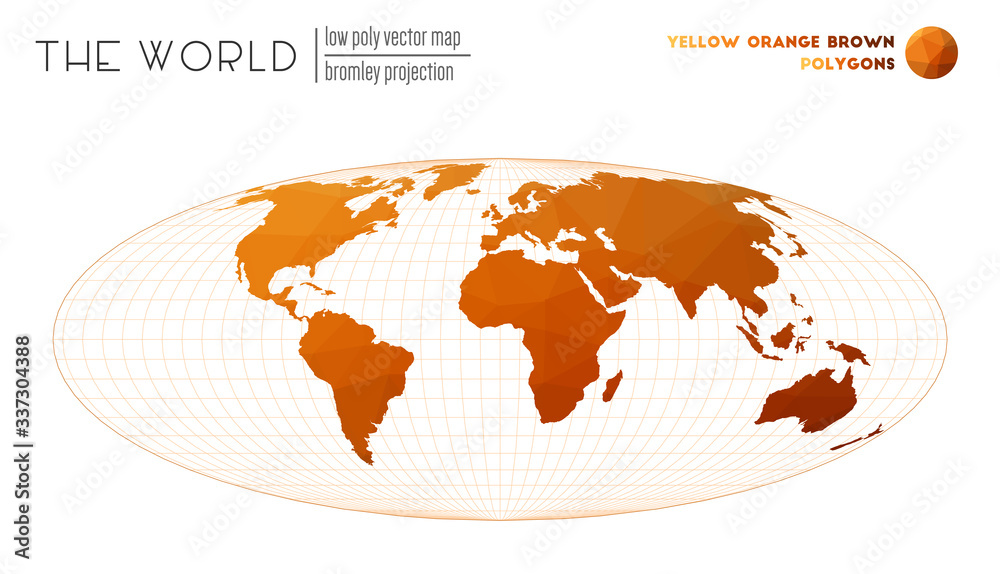 Abstract world map. Bromley projection of the world. Yellow, Orange, Brown colored polygons. Modern vector illustration. Abstract world map. Bromley projection of the world. Yellow, Orange, Brown colored polygons. Modern vector illustration.