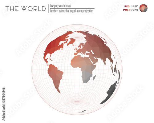 Vector map of the world. Lambert azimuthal equal-area projection of the world. Red Grey colored polygons. Energetic vector illustration.