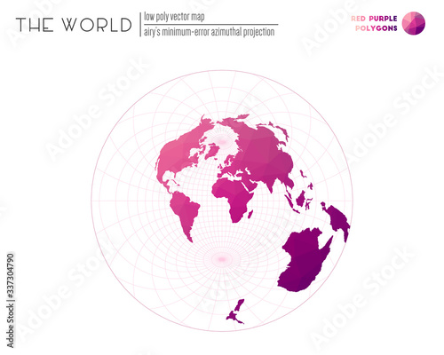 World map in polygonal style. Airy s minimum-error azimuthal projection of the world. Red Purple colored polygons. Contemporary vector illustration.