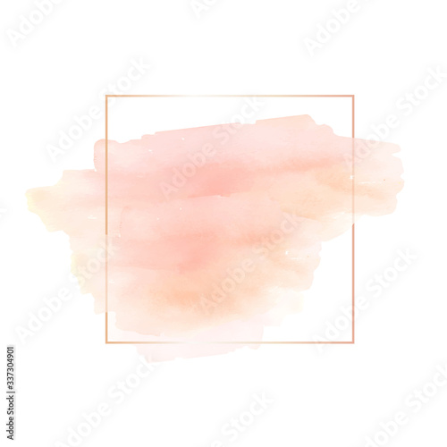 Beige natural watercolor texture in a gold frame. Modern graphic design. Vector banner. Hand drawn monochrome design element
