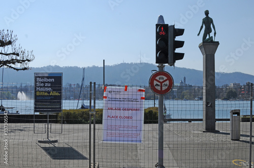 Zürich/Switzerland: The whole Lake Promenade in Seefeld is closedn in times of CoVid19 Virus Log down photo