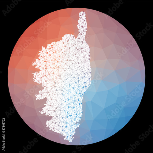 Vector network Corsica map. Map of the island with low poly background. Rounded Corsica illustration in technology, internet, network, telecommunication concept style. Charming vector illustration.